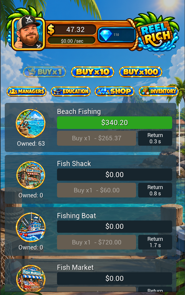 Reel Rich business screen showing Beach Fishing, Fish Shack, Fishing Boat, and Fish Market