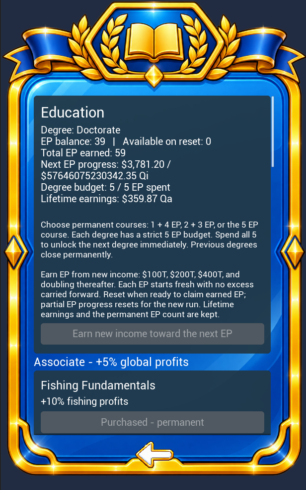 Reel Rich Education screen with degree progress and Fishing Fundamentals