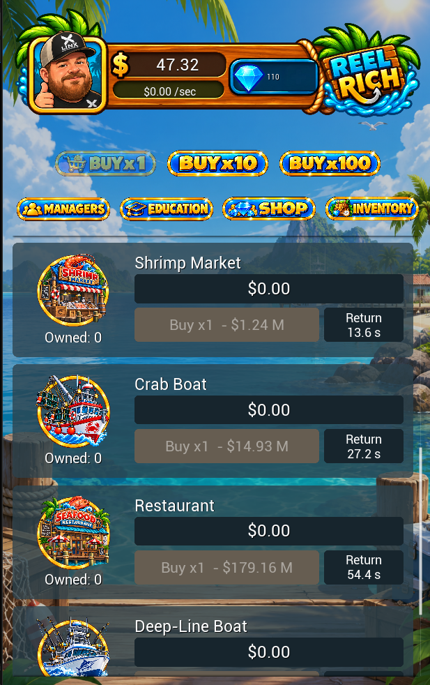 Reel Rich business screen showing Shrimp Market, Crab Boat, Restaurant, and Deep-Line Boat