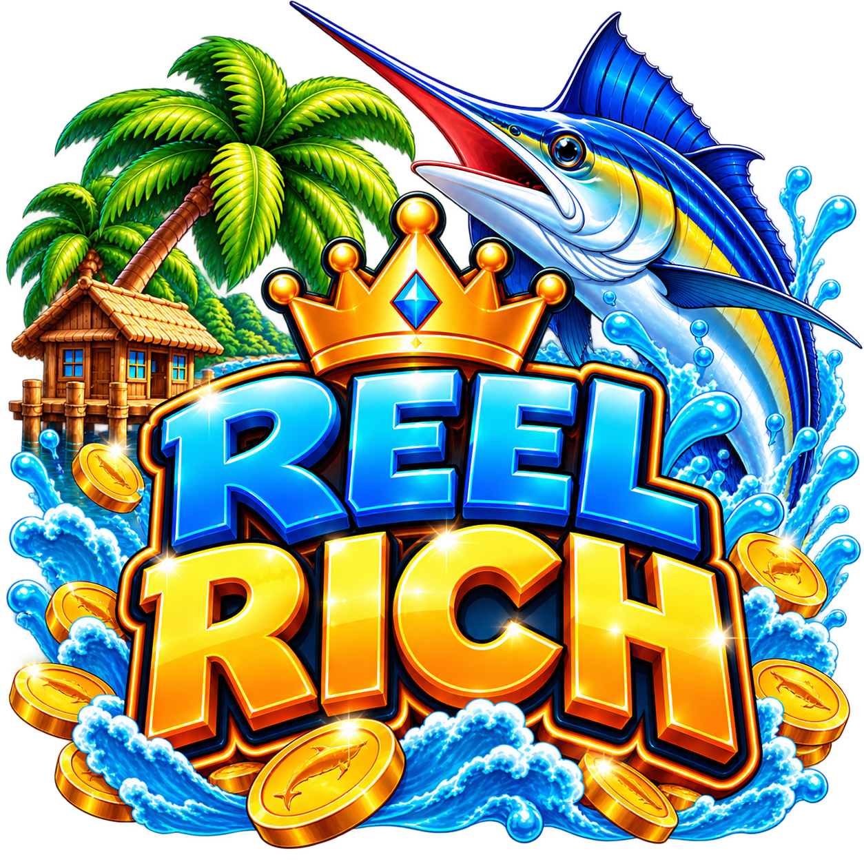 Reel Rich app icon featuring a marlin, tropical island, and gold coins