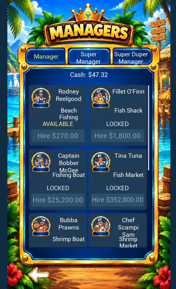 Reel Rich Managers screen with characters and hiring options